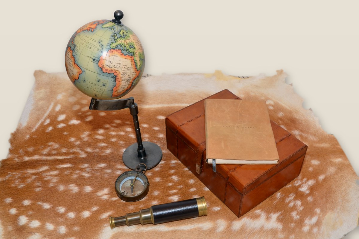 Vintage globe, compass and telescope with a leather case